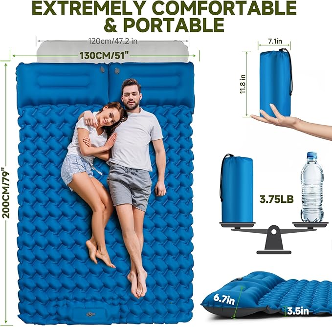 Inflating Sleeping Pad Mattress for Camping: Inflatable Camping Bed with Built-in Foot Pump for Tent - 4" Extra Thick Mat Air Cot for Floor - 2 Person Blue