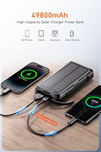 Power Bank 49800mAh Solar Portable Charger Wireless Charging USB-C 15W Fast Charging with 4 Built-in Cables LED Flashlight Battery Pack Compatible with iPhone, iPad, Galaxy, Perfect for Camping