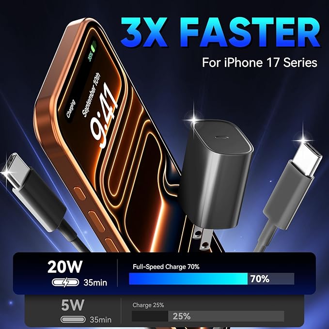 Phone 17 16 15 Pro Charger Fast Charging, 20W USB C Fast Charger Block with 10FT Long Type C Chargers Fast Charging Cable Cord for Phone 17/17 Pro/17 Pro Max/Air/16 Pro Max/16 Pro/15Pro Max/Pro, S24