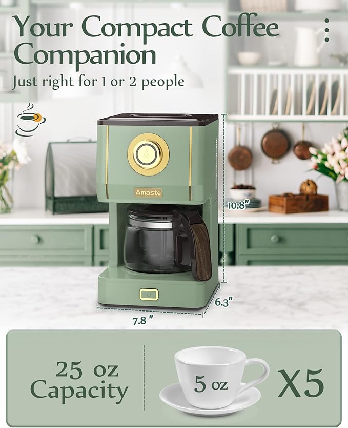 Amaste Drip Coffee Maker, Coffee Machine with 25 Oz Glass Coffee Pot, Retro Style Coffee Maker with Reusable Filter & Three Brewing Modes, Warming Plate, Matcha Green