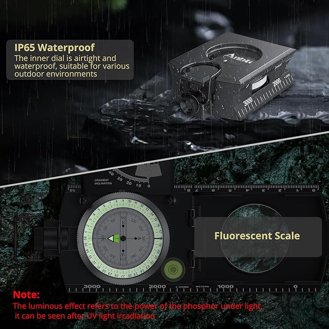 Compass Hiking Survival, IP65 Waterproof Metal Compass with Sighting Clinometer and Carry Bag, Multifunctional, Professional, for Camping Hunting Hiking Navigation