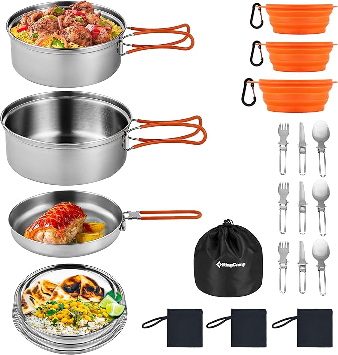 KingCamp Camping Cookware, Lightweight Cook Set Non-Stick Stainless Steel Essentials Mess Kit with Pot Pan Cups Plates Forks Knives Spoons for Camping Backpacking Outdoor Picnic