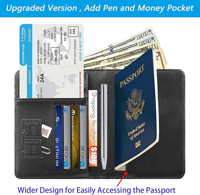 Passport Holder With Luggage Tag Travel Essentials Passport Cover Wallet RFID Blocking Leather Case International Must Haves Travel Accessories Women Men(115#Black)