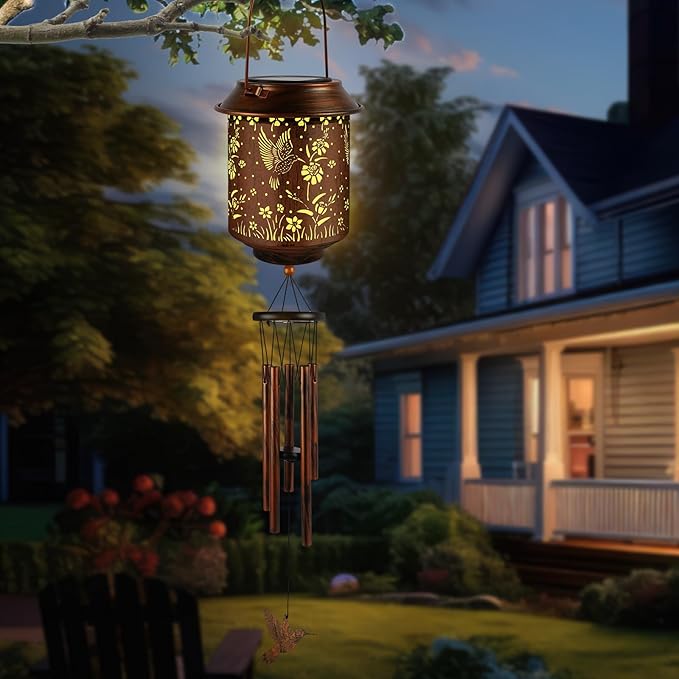 Solar Lanterns with Wind Chimes - Garden Decor Set Includes Greeting Card & Gift Wrap Paper, Patio Yard Birthday Gifts for Women, Solar Lanterns Outdoor Waterproof (Hummingbird)
