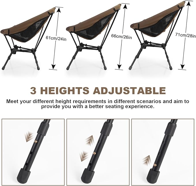 Lightweight Folding Camping Chair: Portable Ultralight Height Adjustable Folding Camping Chair 330 lbs Capacity with Side Pockets Ideal Backpacking Chair for Short hikes and Cycling Trips (Khaki)