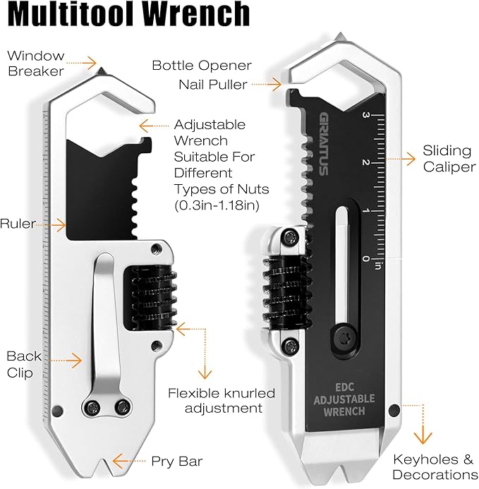 Small Multitool Wrench 9 in 1 Pocket Adjustable Wrench for Screw with Mini Pry Bar Nail Puller Keychain Tool Caliper Measuring Ruler Glass Breaker EDC Gadget Survival Gear for Men Cycling Hiking