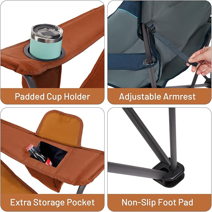 TIMBER RIDGE Oversized Folding Camping Chair for Adults, Support 550 LBS Heavy Duty with Cup Holder Side Pocket for Camp, Lawn, Picnic, Oange, 2 Pack