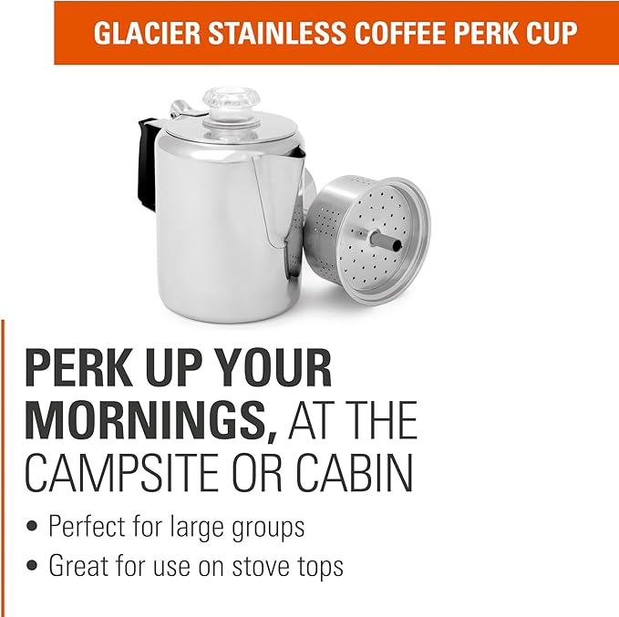 GSI Outdoors Percolator Coffee Pot I Glacier Stainless Steel with Silicone Handle for Camping, Backpacking, Travel, RV & Hunting - Stove Safe