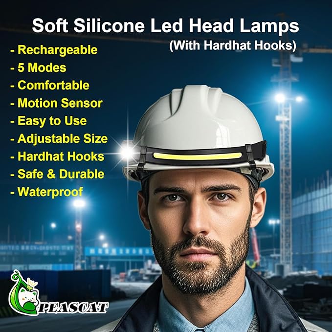 Headlamps Rechargeable for Hard Hat 4 Packs, 230° Wide Beam Head Lamps Rechargeable Led for Adults, Forehead Headlight with Motion Sensor, Battery Headlamp with USB C, 5 Modes for Camping, Repairing