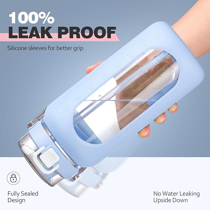 BLUEGO 64oz Water Bottle Glass with Stainless Steel Handle Large Water Bottle with Time Markers and Silicone Sleeve Half Gallon Water Jug BPA Free for Gym Daily Use, Blue