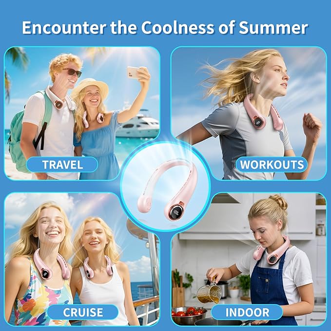 Portable Neck Fan with 6000mAh USB - Rechargeable Battery, 360° Cooling Wearable Fan, 3 Speeds, Ultra-Light Bladeless Neck Fan LED Display (Pink)