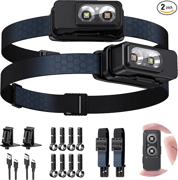Headlamp Rechargeable 2PCS，Super Bright Motion Sensor Head Lamp with 8 Modes ，Head Lights for Forehead with Clip & Magnetic， IPX7 Waterproof Head Flashlight for Camping, Hunting，Hard Hat
