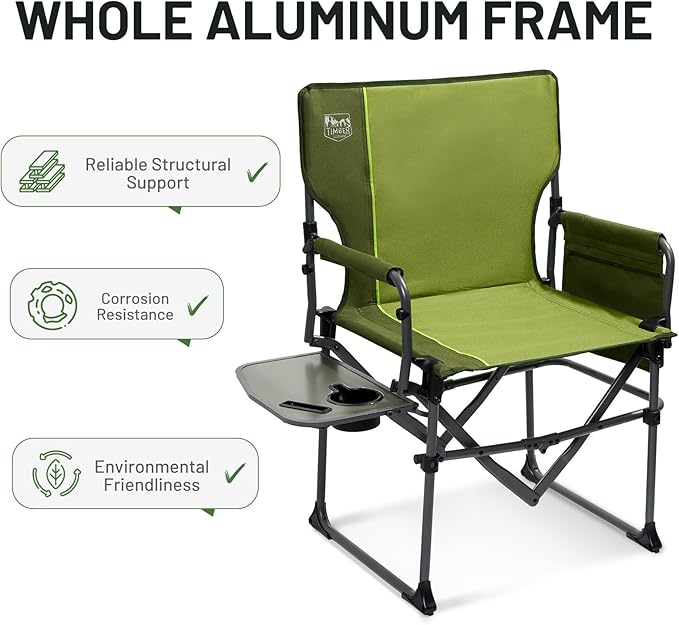 TIMBER RIDGE Aluminum Camping Directors Chair with Side Table Pocket, Portable Folding Chair, Heavy Duty Lawn Chair for Fishing Trip Picnic Concert Outdoor 400lbs, Green 2 Pack