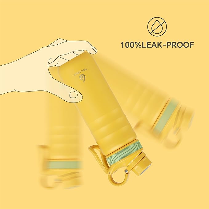 IDEUS Insulated Stainless Steel Water Bottle with 2 Leak-Proof Lids, Thermal Water Flask for Hiking Biking, 24oz, Bright Yellow