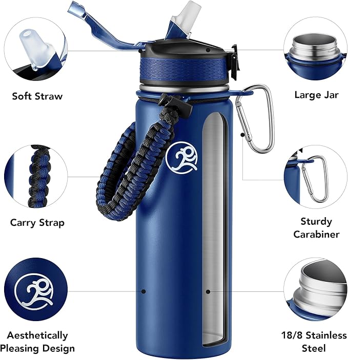 GOSWAG Insulated Sports Water Bottle, 24oz 2 Lids(with Straw/No Straw), Stainless Steel Water Bottles with Paracord Handle, Insulated Bottle with Double-Wall Vacuum Insulation