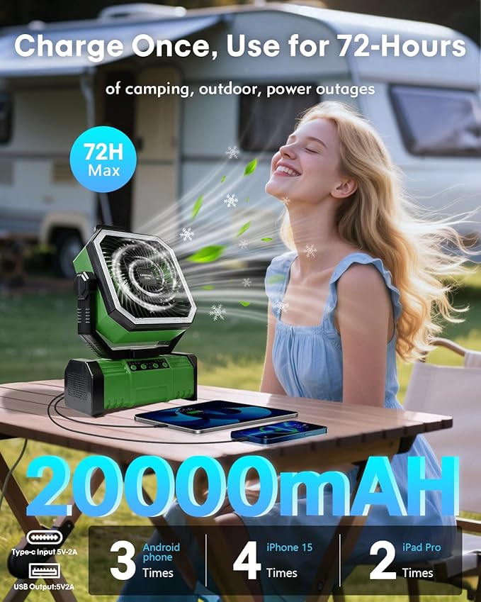 Camping Fan with Bluetooth Speaker Portable Fan,20000mAh Rechargeable Battery Powered Fans, 360° Hanging Hook for Outdoor Picnic Tent Beach Travel Barbecue, Green