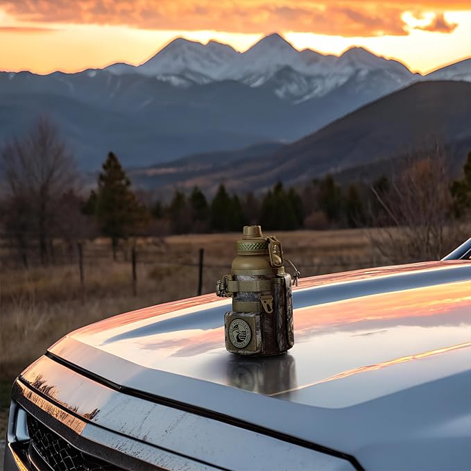 Combat Canteen - 32oz Insulated Water Bottle with Paracord Handle, Stainless Steel Water Jug with Rugged Pockets for Keys, Wallet & Phone - Woodland Camo