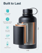 BUZIO 64oz Water Bottle Insulated Stainless Steel (Cold for 48 Hrs/Hot for 24 Hrs) BPA Free Double Wall Travel Mug/Flask for Outdoor Sports Hiking, Cycling, Cam,Camping, Running- Graphite