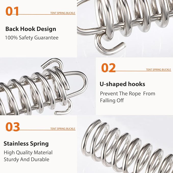 TOBWOLF 10PCS Tent Spring Buckle, Windproof Stainless Steel Rope Tensioner Awning Fixed Hook Buckle, Portable Camping Tent Fixed Buckle, Spring Buckle Set for Outdoor Camping, Dog Training, Swing