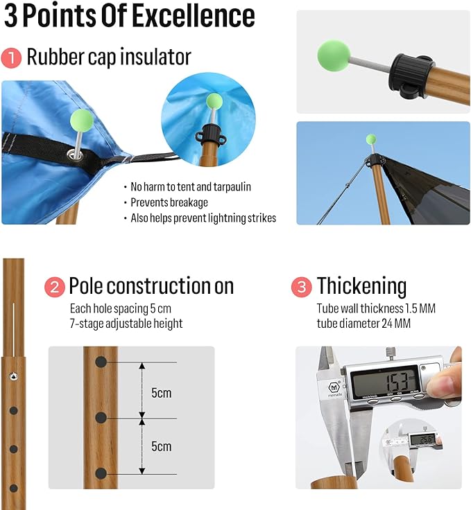KOMCLUB Tent Poles Adjustable Lightweight Camping Tarp Poles 82.68" Aluminum Alloy Telescoping Solar sail Poles for Awning Canopy Tent Tarp Hiking Light Weight and Easy to Carry (Wood Grain Color)