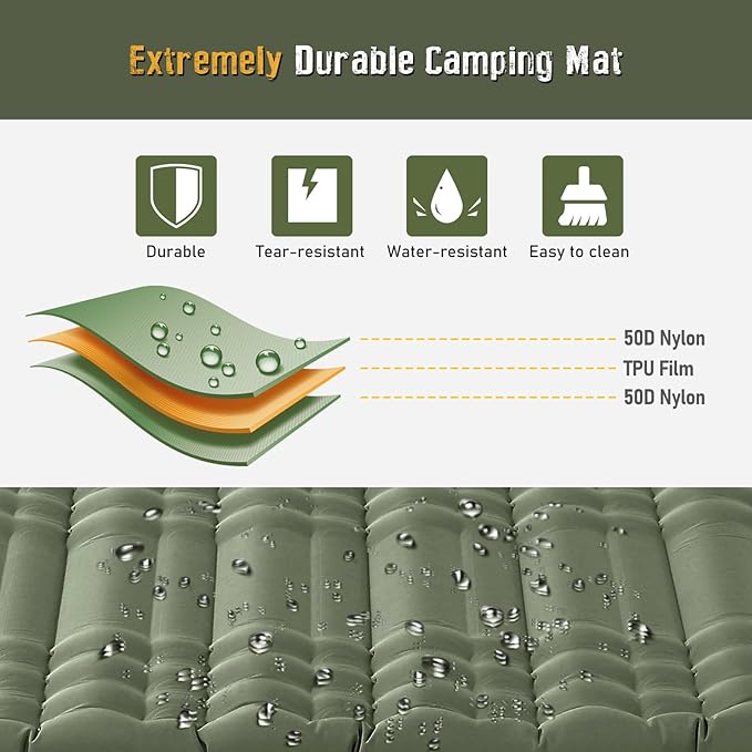 Elegear Double Sleeping Pad for Camping, 4.7" Ultra-Thick Self Inflating Camping Pad 2 Person with Pillow Built-in Foot Pump, Portable Camping Sleeping Mat for Backpacking Hiking Tent(Army Green Full)