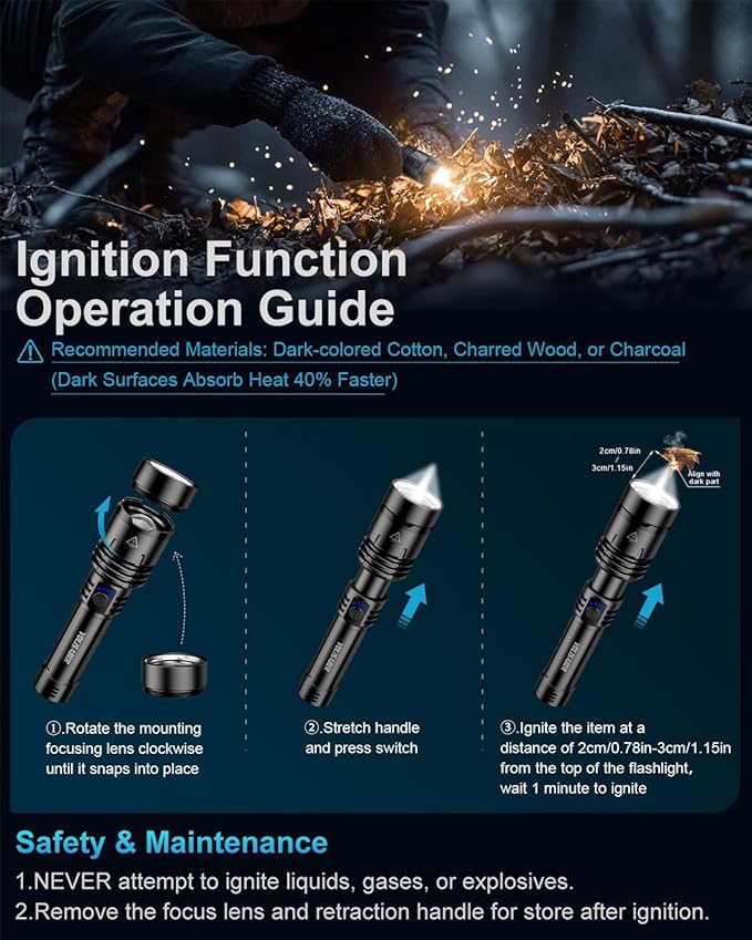 Flashlight 2000 High Lumens with Ignition Lens, Rechargeable Super Bright Zoomable LED Flash Light, 5 Modes Waterproof Handheld Powerful Tactical Flashlights for Camping Essentials Emergency