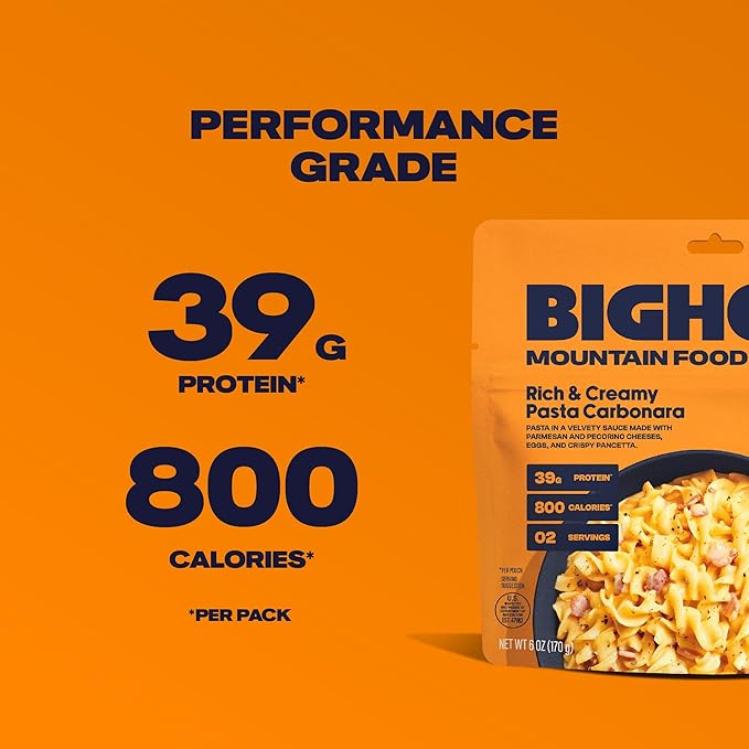 BIGHORN Mountain Food Rich & Creamy Pasta Carbonara - premium freeze dried meals for backpacking food - dehydrated camping food for backpacking meals - 2 servings