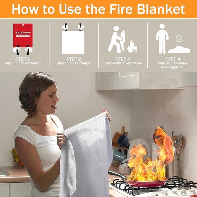 Mondoshop Silicone Fire Blanket for Home - 4Pack 40"x40" Emergency Fire Blankets for Kitchen, Fire Retardant Blankets for Car, Camping, Grill, Office, Warehouse, School, Picnic