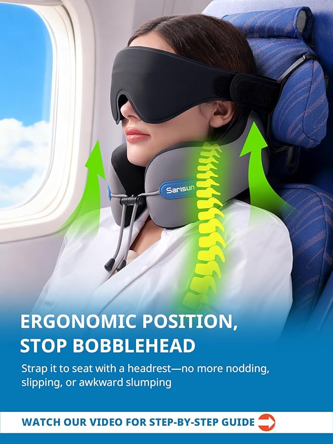 SARISUN Travel Pillow for Airplane,Neck Pillow with Strap,Combo 3D Eye Mask for Sleep,Dual-Density Supportive Foam Travel Neck Pillow for Airplane Flights,Car Road Trip Travel Essentials Pink