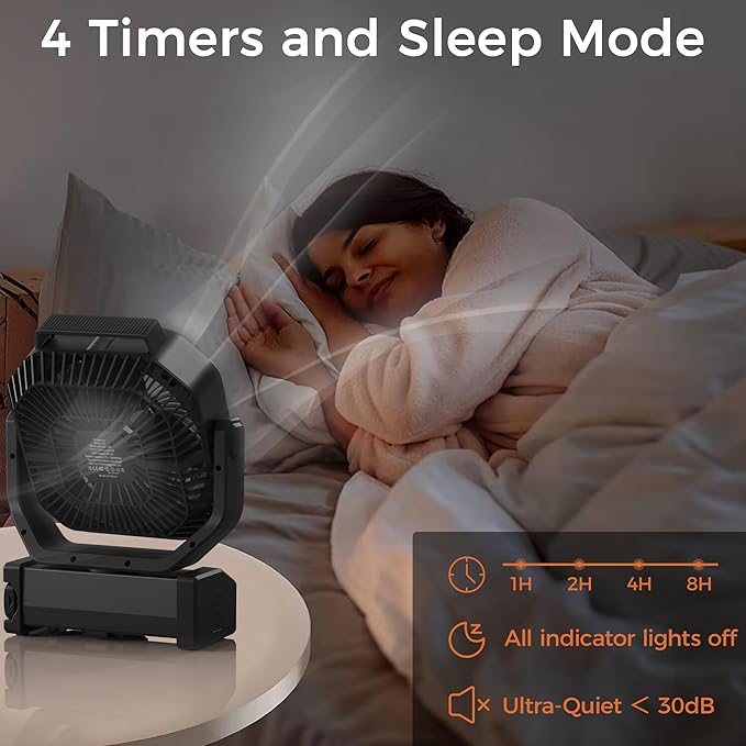 Camping Fan with Light - 20000mAh Rechargeable Battery Fan, 112Hrs Max Run Time, 8 Speeds, Digital Display, Timer, Auto Oscillation, 270° Pivot & Hook for Camping, Power Outage, Hurricane (Black)