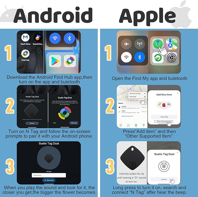 Air Tracker for Android or iOS, 4 Pack Dual System Android Smart Tracker Tags Compatible with iOS Find My or Google Find Hub App, Bluetooth Tracker Key Locator with Sound for Luggage, Bags,Wallet