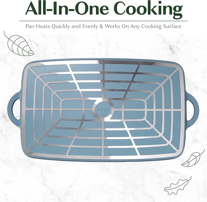 Goodful All-in-One Double Burner Griddle, Ceramic Nonstick, Durable Cast Aluminum, Oven Safe and Dishwasher Safe, Made without PFAS, PFOA, PFOS & PTFE, 18-Inch x 11-Inch, Blue Mist