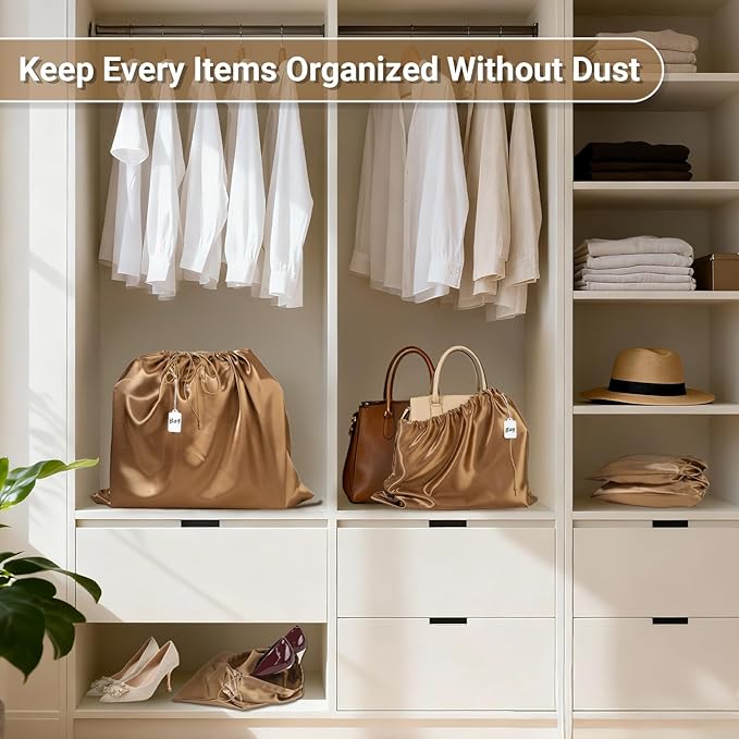 Ewen 3pcs Satin Drawstring Storage Pouch in Small Medium Large Sizes, Dustproof Packing Bag with Blank Tags for Closet Home Organization, Dark Brown Dustbags for Handbags Travel Essentials Shoes Purse