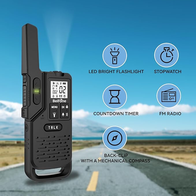 Two BelFone Long Range Walkie Talkies-20 Channels Professional Two Way Radio,IP54 Waterproof Walkie Talkies for Adults,with Flashlight, Stopwatch,Compass,Radio and SOS Sire,Support VOX Function