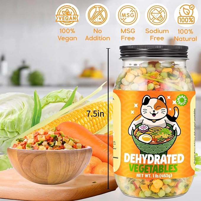 16OZ Dehydrated Freeze Dried Vegetables - 100% Natural Large Packaging Ramen Toppings, 6 Mixed Vegetable Flakes, No Gluten & No Allergen, Dry Veggie for Cooking, Camping, Emergency Supply