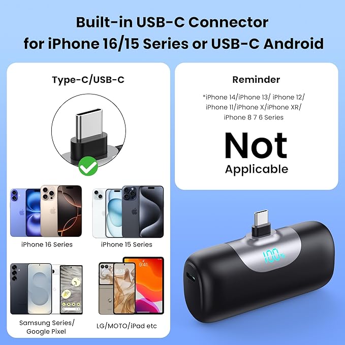 Mini Portable Charger for iPhone 17/16, 5500mAh LCD Display USB C Power Bank,Fast Phone Charging Travel Pocket Size Battery Pack for iPhone 17/17 Pro/17 Pro Max/Air/16/15 Series,Android,etc-Dark Black