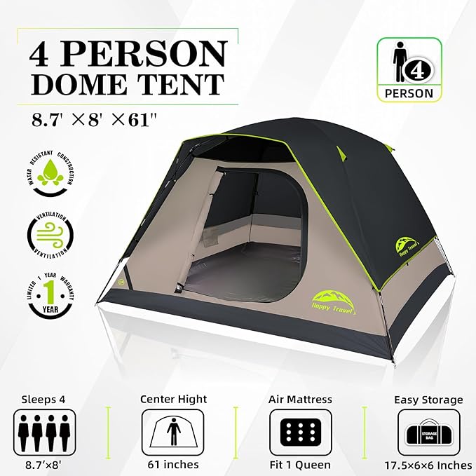Happy Travel Camping Tent, 4/6 Person Dome Tents for Camping with Rainfly, Waterproof Clip Easy Setup Portable Family Tent with Mesh Windows, 20% More Headroom Backpacking Tents for Camping & Hiking