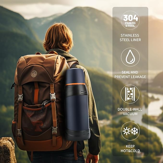 64oz/Half Gallon Large Coffee Thermoses for Travel - Insulated Water Jug Classic Vacuum Bottle with Plastic Cup - 2.0L Stainless Steel Vacuum Insulated Beverage Bottle for Hiking Fishing（Blue）