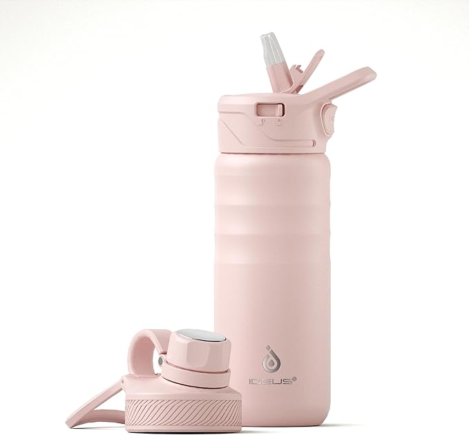 IDEUS Insulated Stainless Steel Water Bottle with 2 Leak-Proof Lids, Thermal Water Flask for Hiking Biking, 18oz, Light Pink