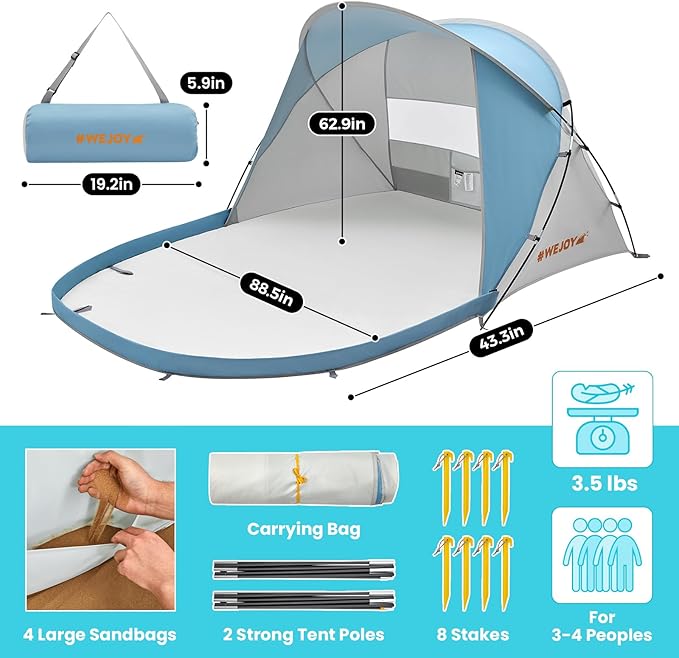 #WEJOY Beach Tent for 3-4 Person Portable Beach Shade Sun Shelter Canopy with UPF 50+ UV Protection Carrying Bag Stakes for Beach Camping Hiking