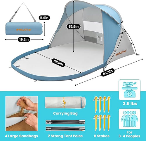 #WEJOY Beach Tent for 3-4 Person Portable Beach Shade Sun Shelter Canopy with UPF 50+ UV Protection Carrying Bag Stakes for Beach Camping Hiking