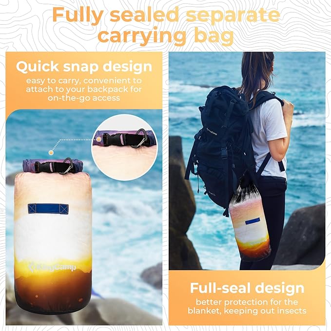 KingCamp Ultralight Camping Blanket, Packable Down Alternative Puffy Printed Wearable Blanket with Snap Buttons & Corner Loops Weatherproof Quilt for Outdoor Travel Stadium (79" L x 57" W, Sunrise)