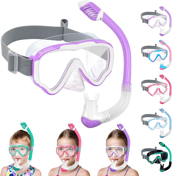 Vvinca Snorkeling Gear for Kids Dry Top Kids Snorkel Set for Boys Girls Junior Youth Children Age 4-14 Swim Goggles with Nose Cover Anti-Fog Panoramic View Adjustable Elastic Diving Mask and Snorkel