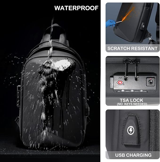 FENRUIEN Anti-Theft Crossbody Sling Backpack Bag for Men Hard Shell with USB, Shoulder Pack Lock Waterproof 10.2 inch Single Strap for Travel Hiking