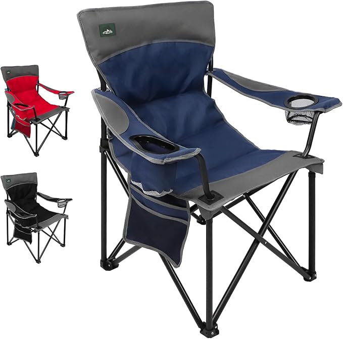 Oversized Folding Camping Chair,Heavy Duty Padded Portable Lawn Chair,Soft&Comfortable,Tear-Resistant Fabric,w/2Extra Large Cup Holder,Storage Pocket,Carry Bag,Outdoor Beach Garden Fishing.Dark Blue