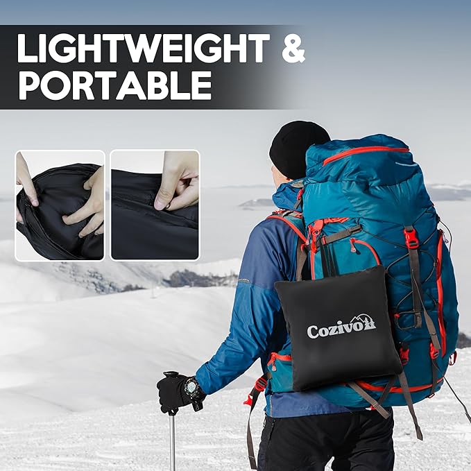 Camping Blanket, 2-in-1 Wearable Puffy Camping Blanket with Hood & Snap Buttons Waterproof Lightweight Travel Blanket Converts to Pillow for Backpacking, Beach, Picnics, Stadium (Black)