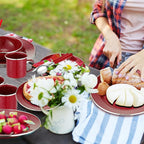 Nuogo 12 Pcs Enamel Camping Tableware Set Dinnerware Kit Includes 12 oz Coffee Mugs Camping Plates Bowls and Utensils Set with Knife Fork Spoon for 2 People Hiking Picnic Outdoor