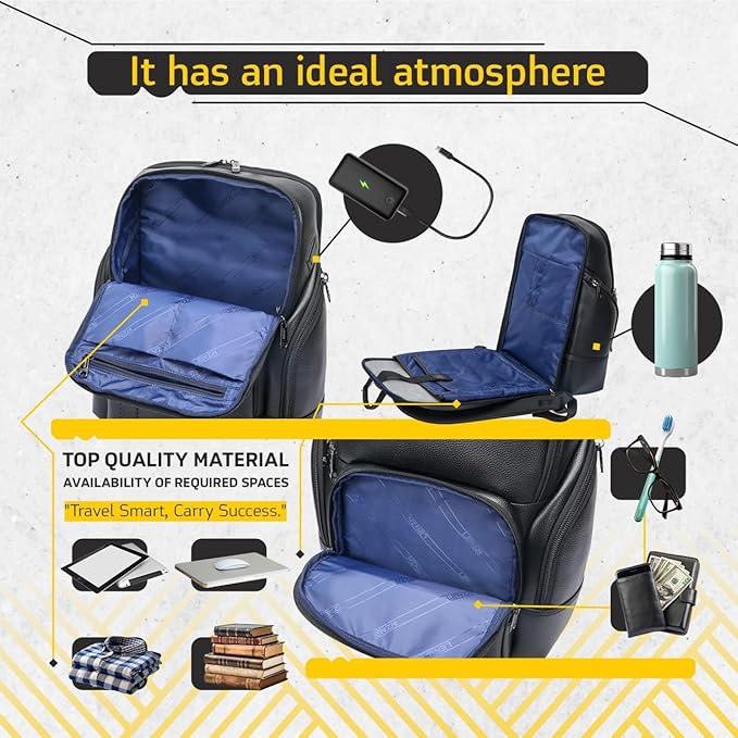 Durable Leather Laptop Business Backpack Perfect for Men & Women, Work Backpack Fits 15.6 Inch, Premium Quality Travel Bag with USB Charging Port, Water-Resistant, Bookbag with Multiple Pockets