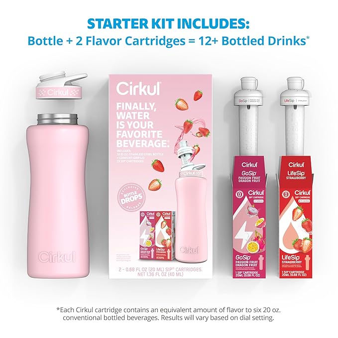 Cirkul 32oz. Blush Pink Stainless Steel Water Bottle Starter Kit with Pink Lid and 2 Flavor Cartridges (1 LifeSip Strawberry, 1 GoSip Passion Fruit Dragon Fruit) No Sugar, Zero Calorie Drink Mix
