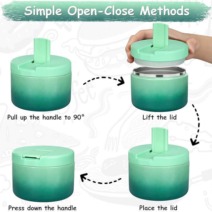 12oz Insulated Vacuum Food Jar with Buckle Lid Wide Mouth Soup Thermo for Hot Food Kids Leakproof Stainless Steel Lunch Container (Gradient Green, 12OZ)